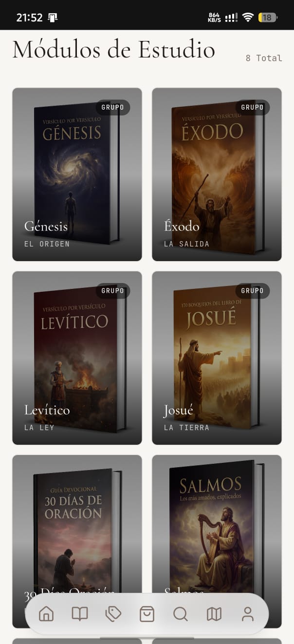 Captura de la app Secreto Divino mostrando la Biblioteca de módulos